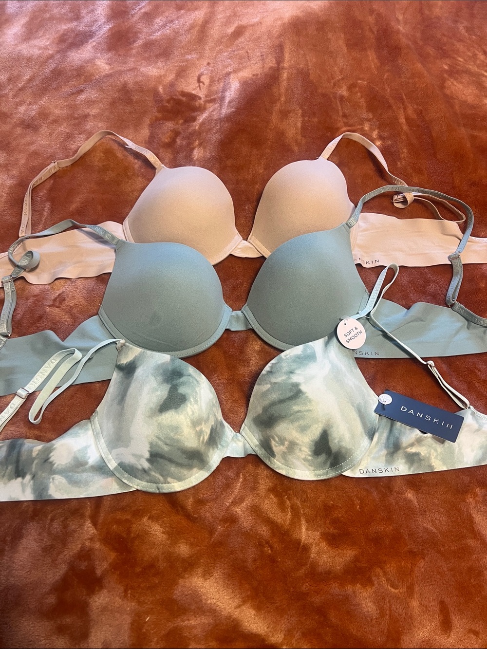 Danskin 3-Pack T-Shirt Bras in Beige, Light Blue, and Blue-Green Tie-Dye